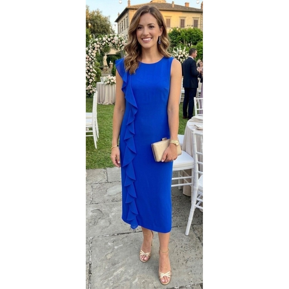 Shelby & Palmer Midi Dress Royal Blue Sz 16 Ruffle Sleeveless Zip Up Wedding EUC